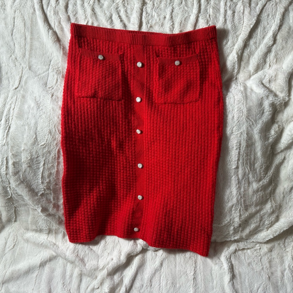 Love + Line Red Knit Straight Short Skirt XL with Button Pocket Lined